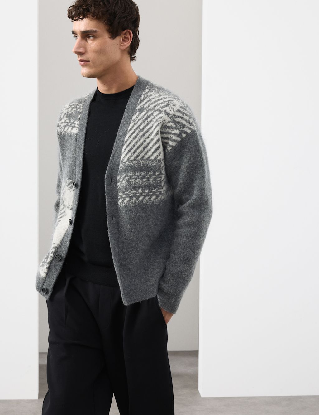 Autograph Merino Wool Rich Checked Cardigan with Mohair - MREG - Charcoal Mix, Charcoal Mix