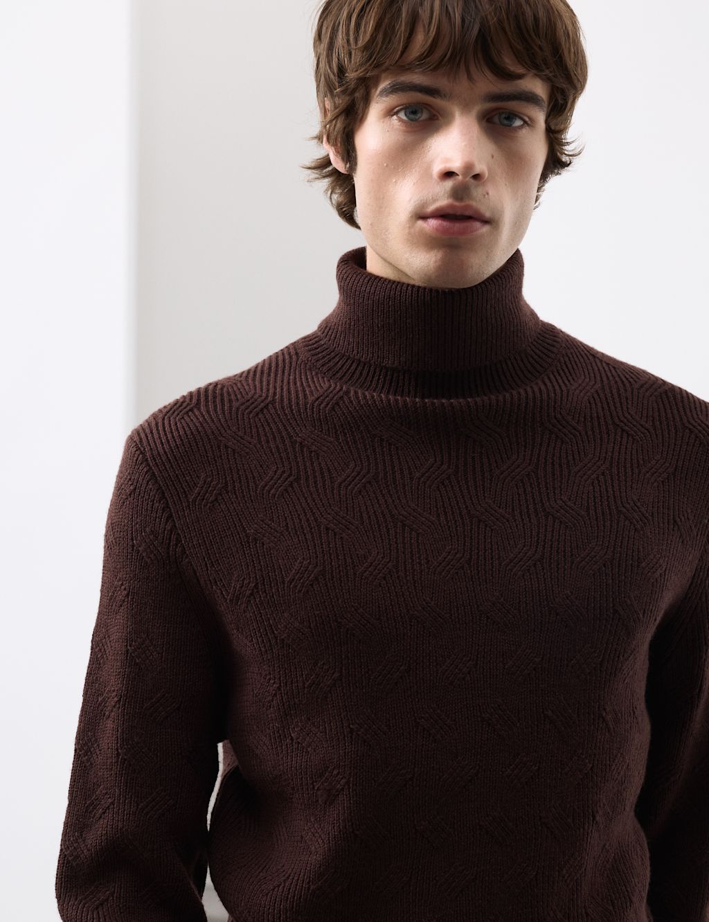 Autograph Pure Wool Wave Stitch Roll Neck Jumper - LREG - Dark Chocolate, Dark Chocolate