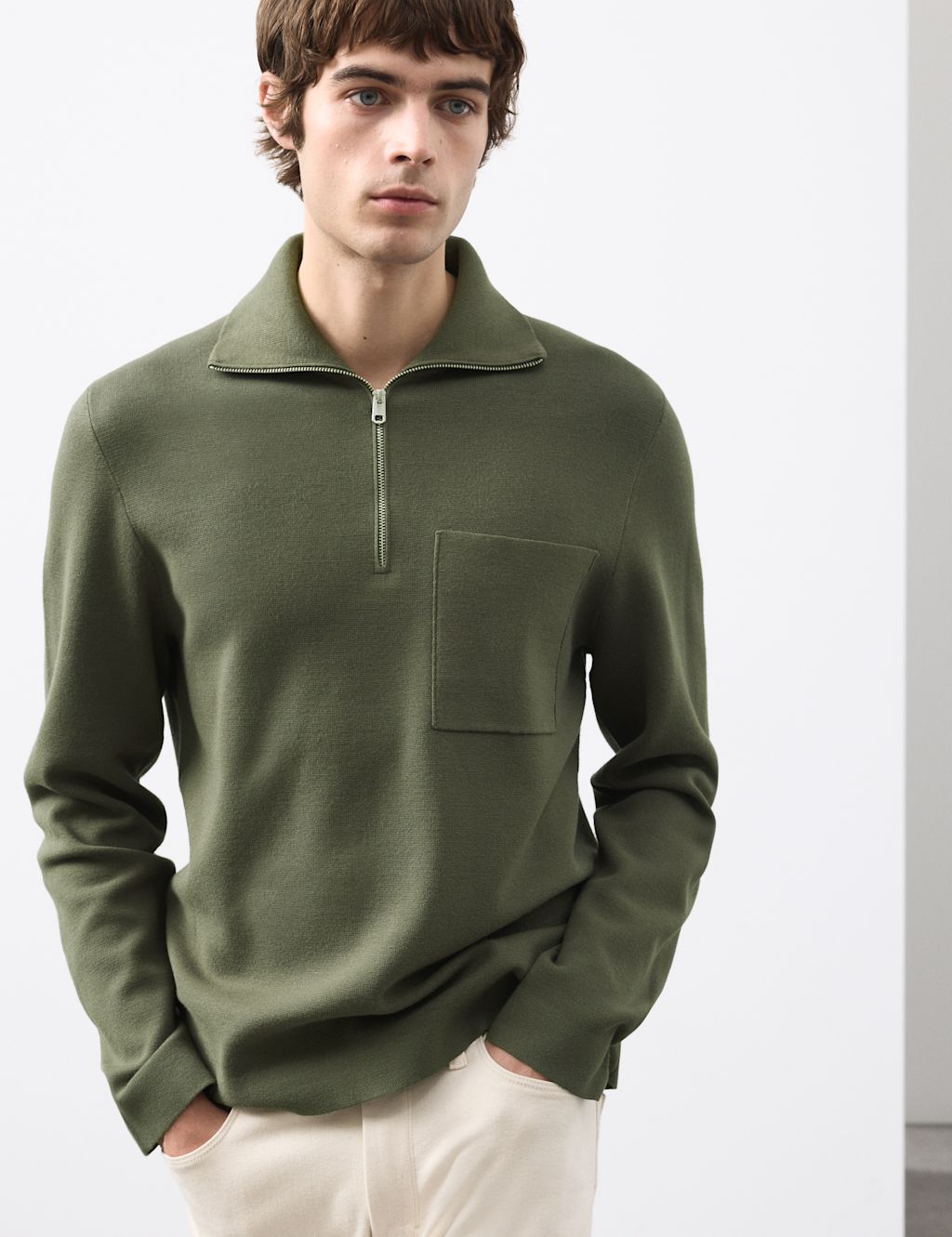 Autograph Milano-Knit Extended Funnel Neck Half Zip Jumper - LLNG - Khaki, Khaki