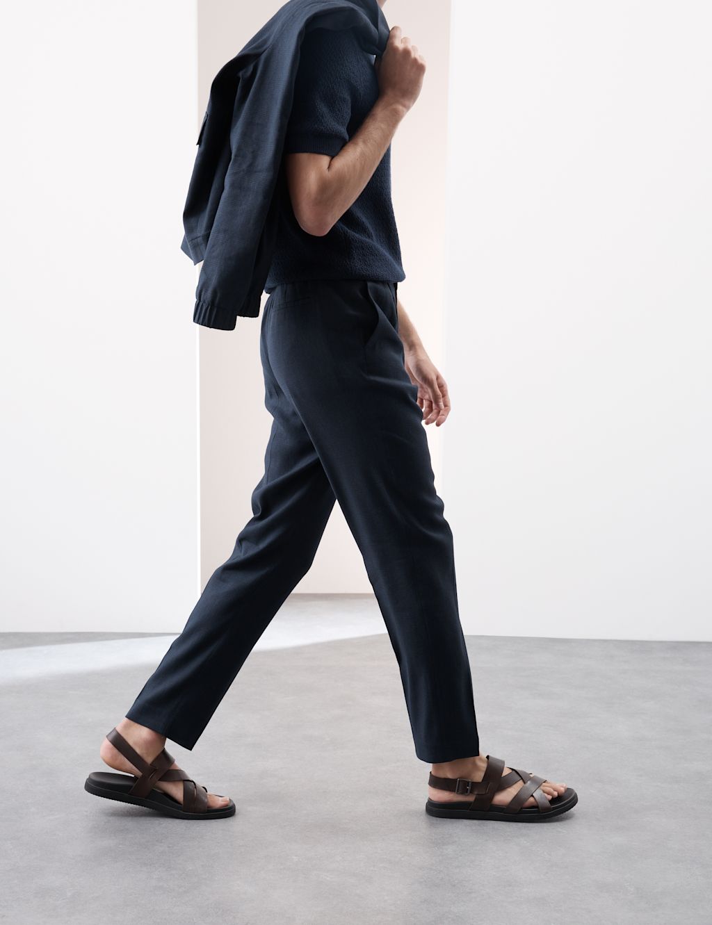Autograph Tapered Fit Italian Linen Blend Elasticated Trousers - SLNG - Navy, Navy