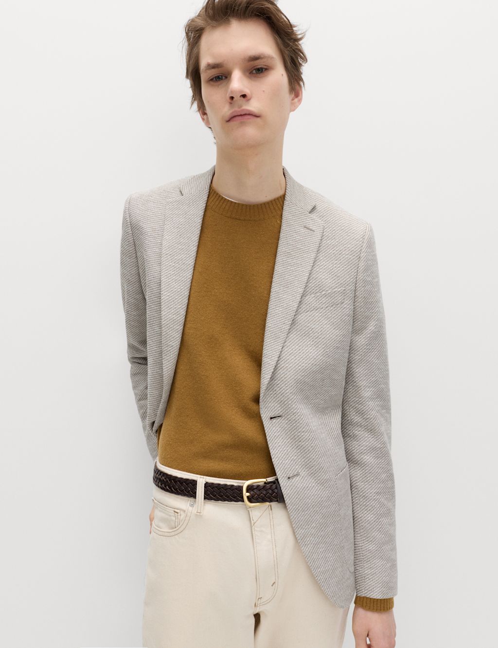 M&S Tailored Fit Cotton Blend Textured Stretch Blazer - 36 - Neutral, Neutral
