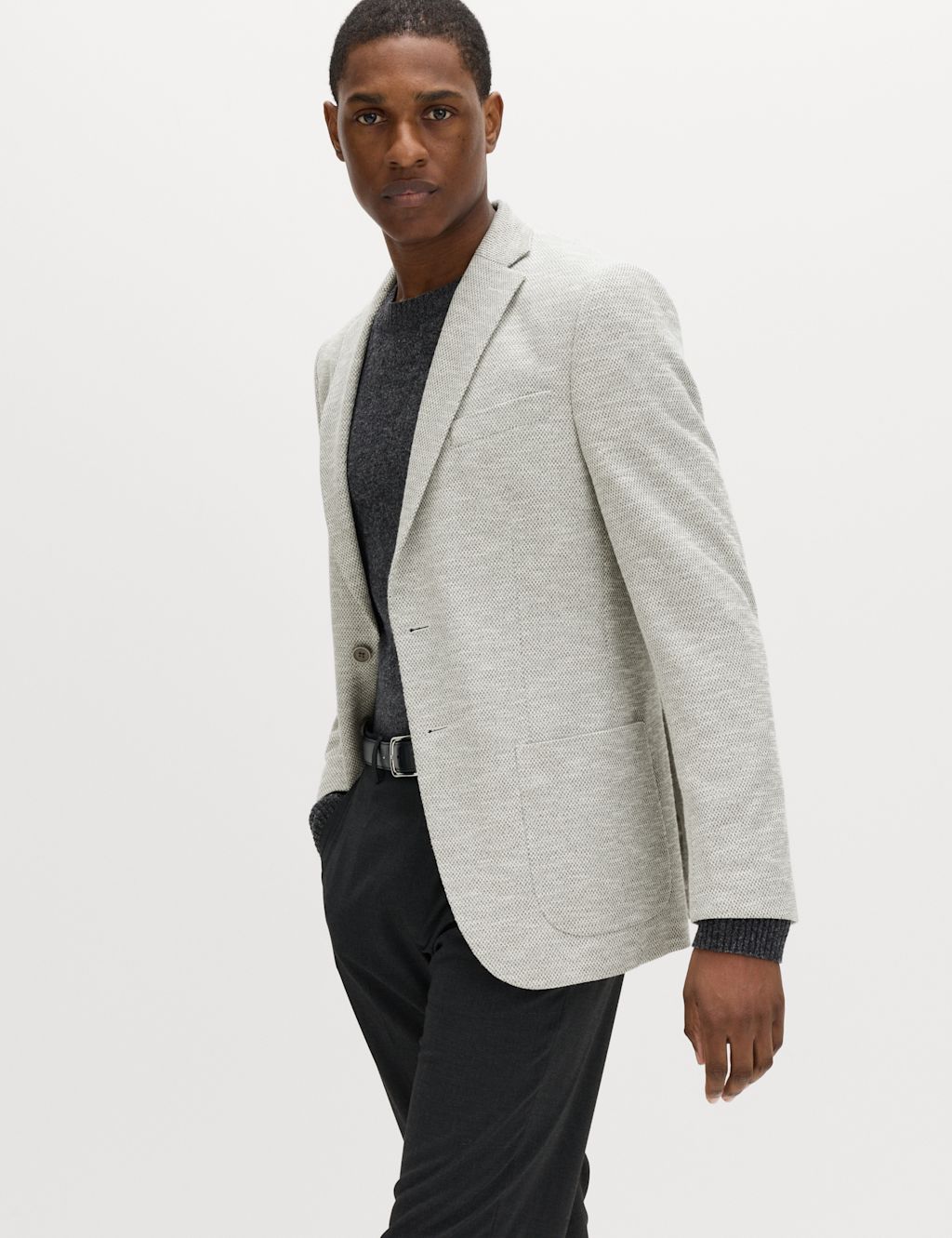 M&S Tailored Fit Textured Stretch Blazer - 48 - Light Grey Mix, Light Grey Mix