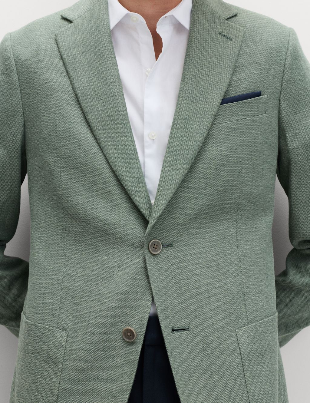 M&S Tailored Fit Linen Cotton Blend Herringbone Blazer - 36 - Green, Green