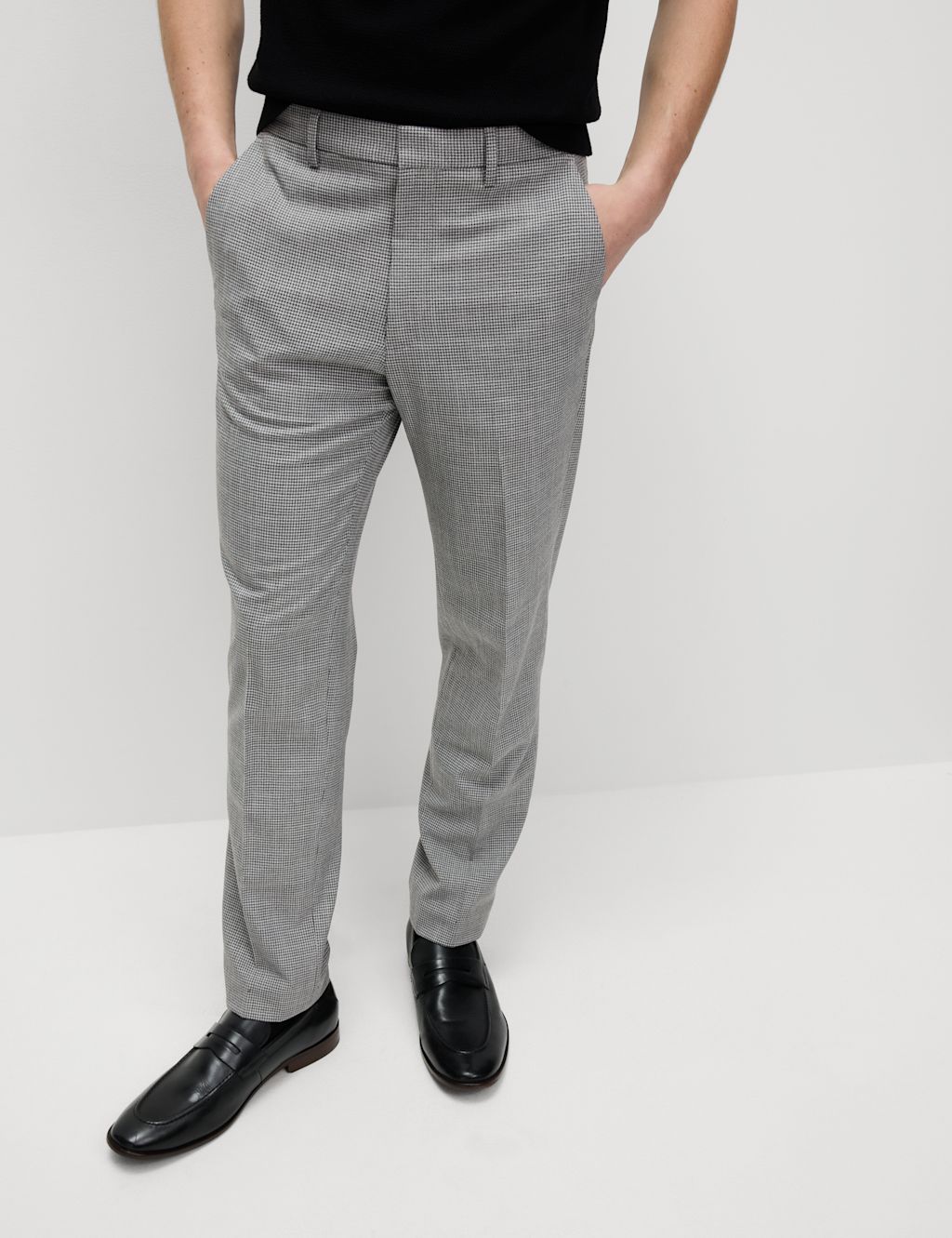 M&S Tailored Fit Puppytooth Flat Front Trousers - 44SHT - Black Mix, Black Mix
