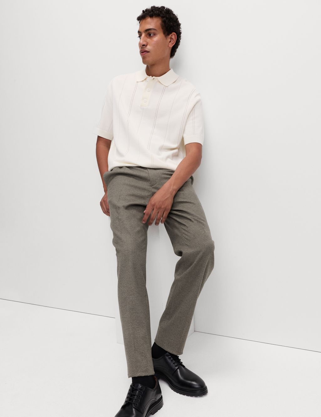 M&S Tailored Fit Warm Handle Puppytooth Trousers - 44SHT - Neutral, Neutral