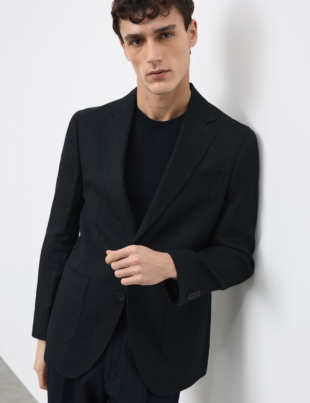 Autograph Linen Blend Textured Blazer - 36 - Dark Navy, Dark Navy
