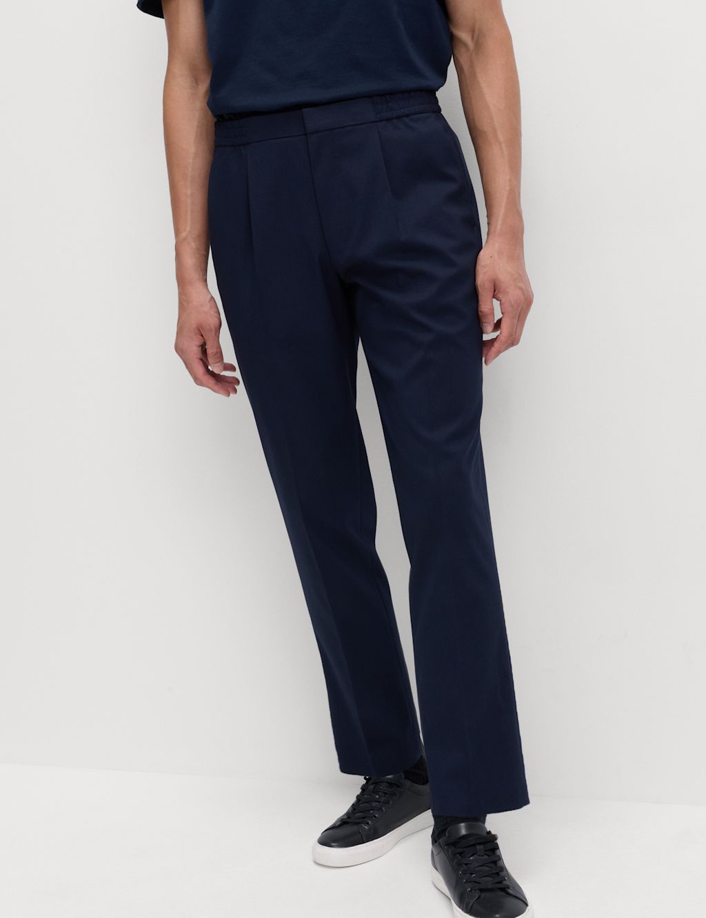 M&S Cotton Blend Smart Elasticated Waist Trousers - XXLLNG - Dark Navy, Dark Navy