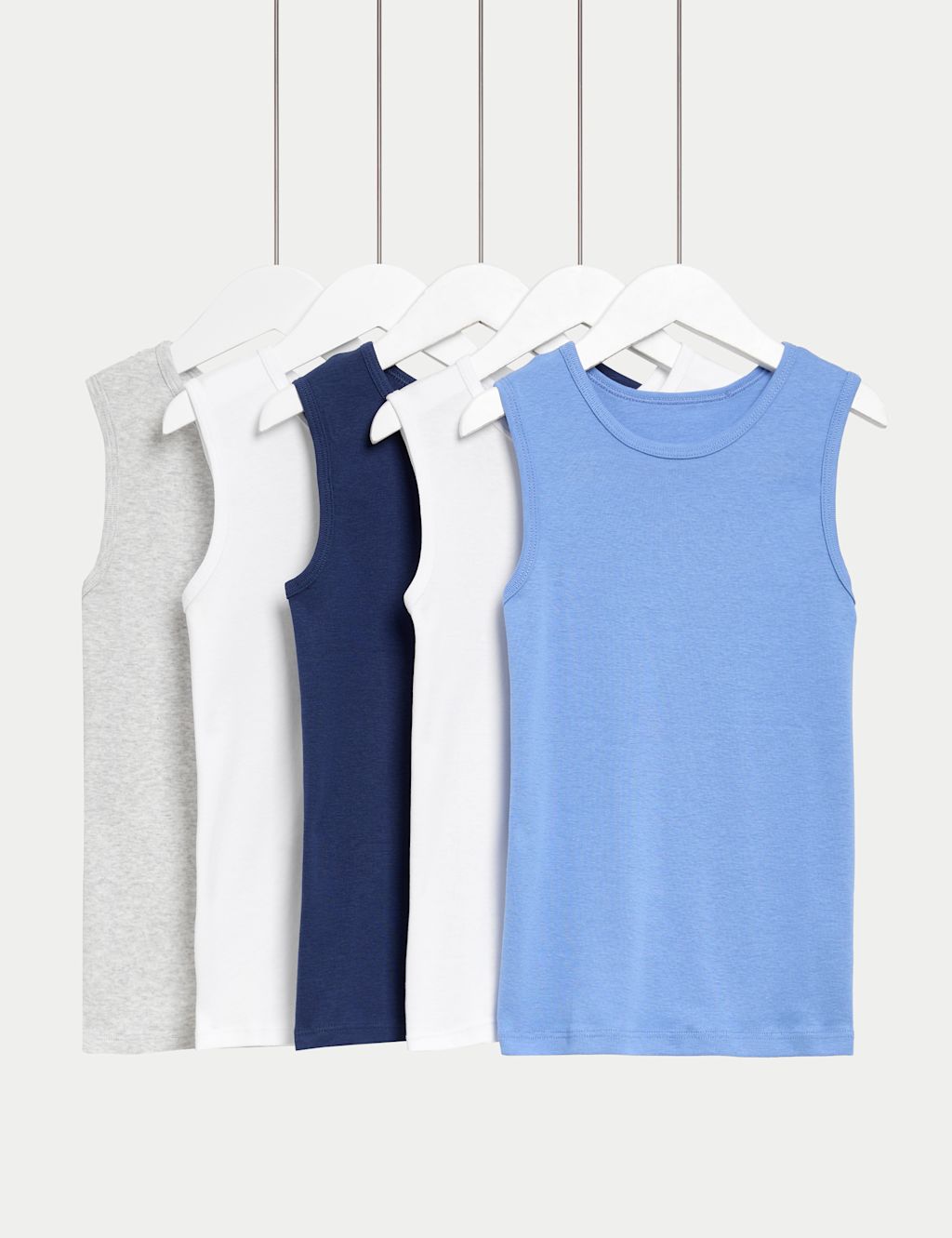 M&S 5pk Pure Cotton Plain Vests (2-14 Yrs) - 9-10Y - Blue Mix, Blue Mix