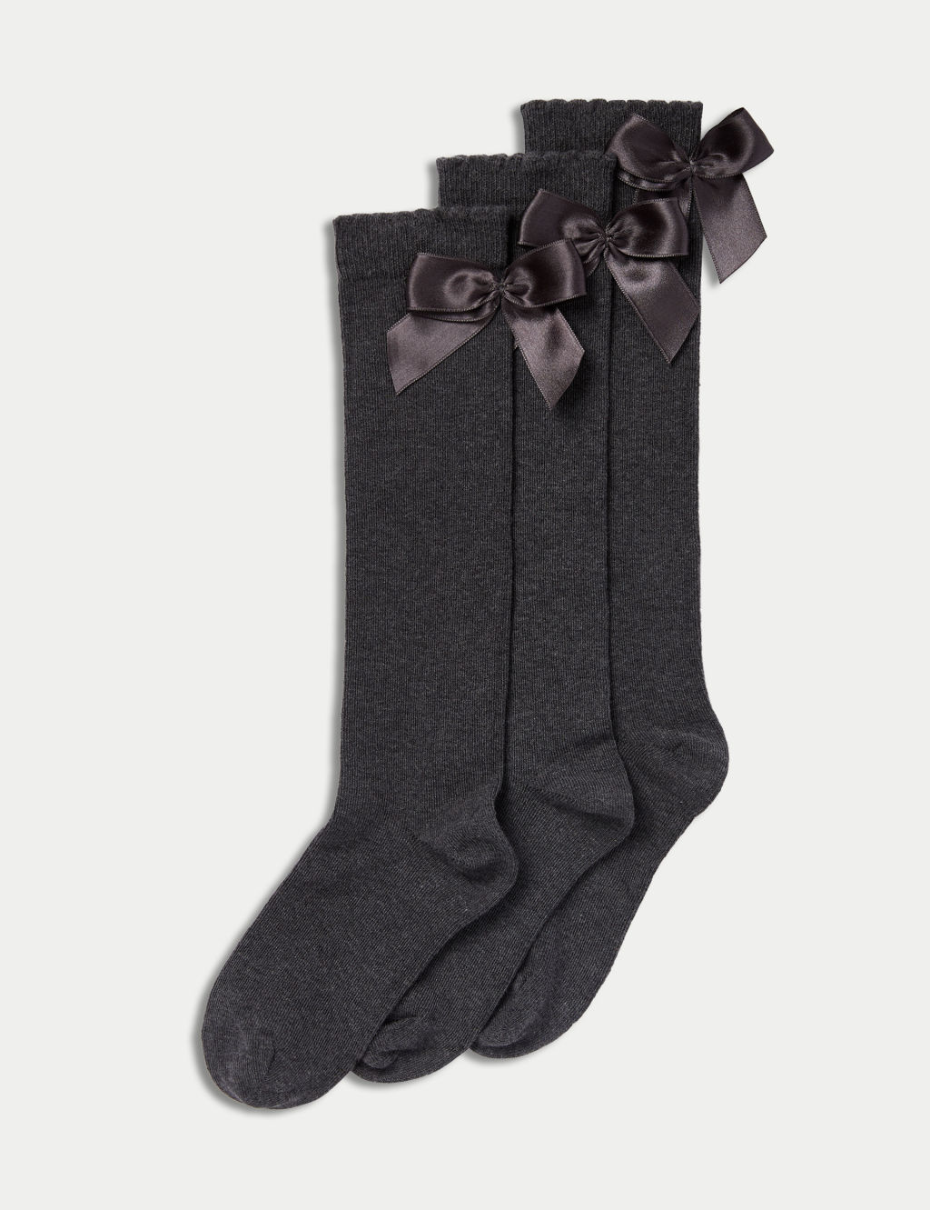 M&S 3p Cotton Rich Picot Knee High Bow Socks (6-8&frac12; Small - 4-7 Large) - 8&frac12;-12 - Grey Mix, Grey Mix