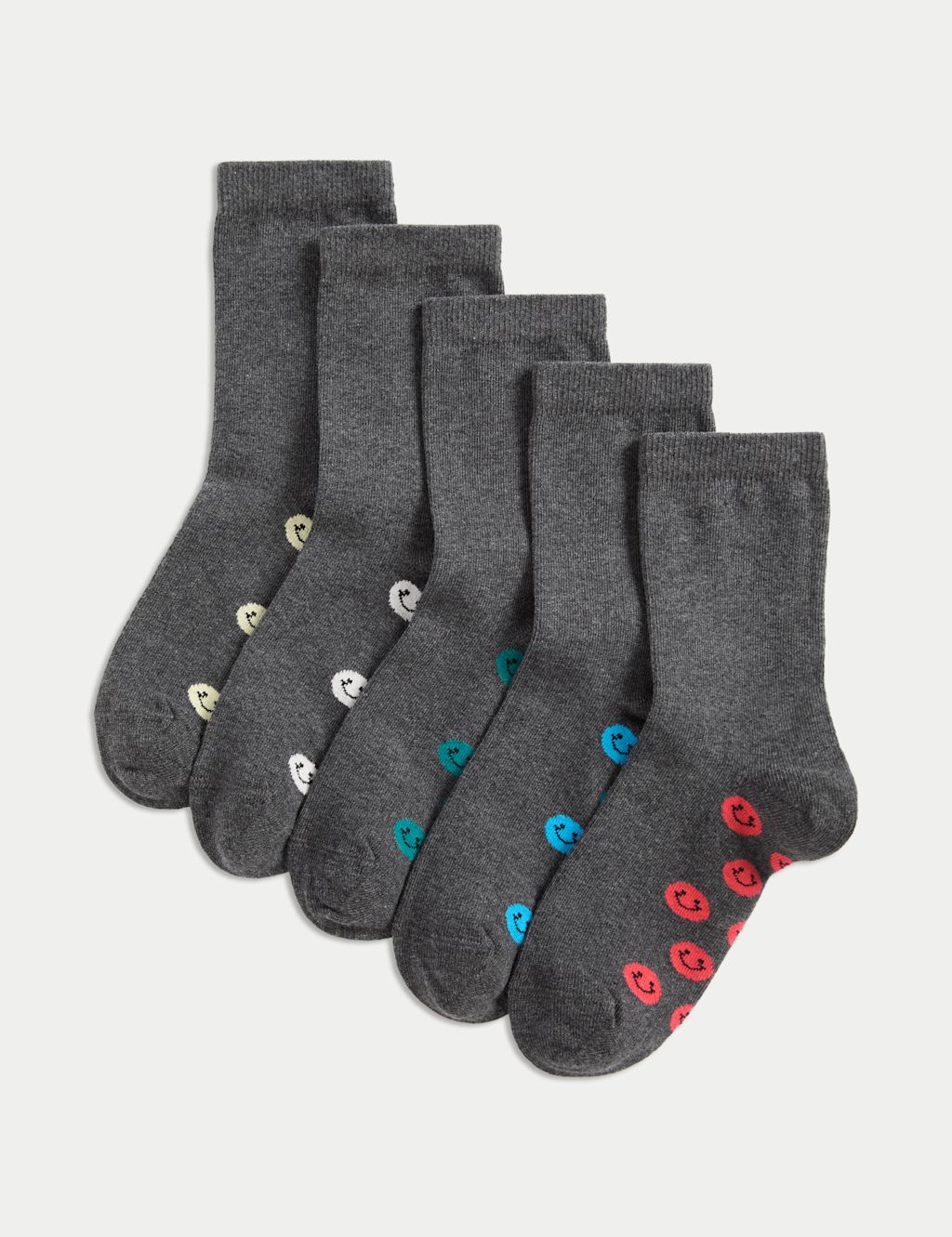 M&S 5 Pack Cotton Rich Happy Faces School Socks (6 Small-7 Large) - 12&frac12;-3&frac12; - Grey, Grey