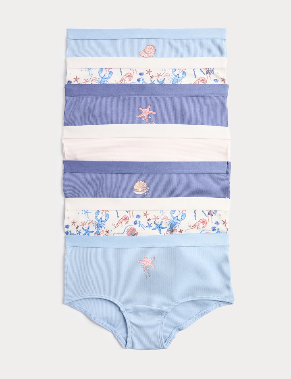 M&S 7 Pack Cotton with Stretch Seashell Print Shorts (5-16 Yrs) - 11-12 Years - Blue Mix, Blue Mix