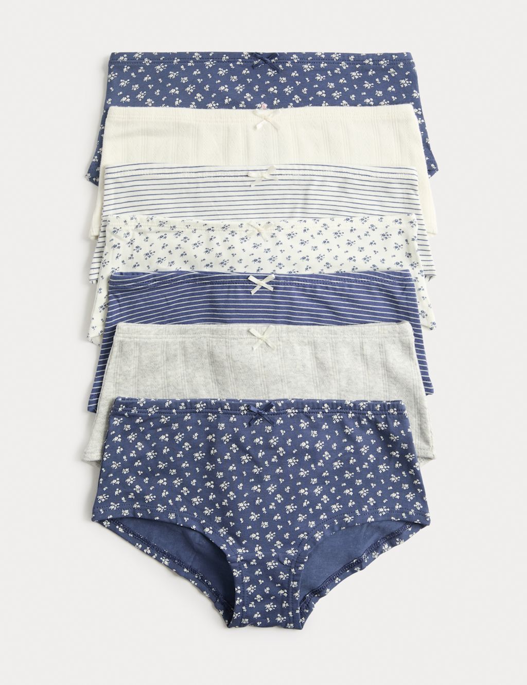 M&S 7 Pack Cotton with Stretch Floral Stripe Pointelle Shorts (5-16 Yrs) - 5-6 Years - Navy Mix, Navy Mix