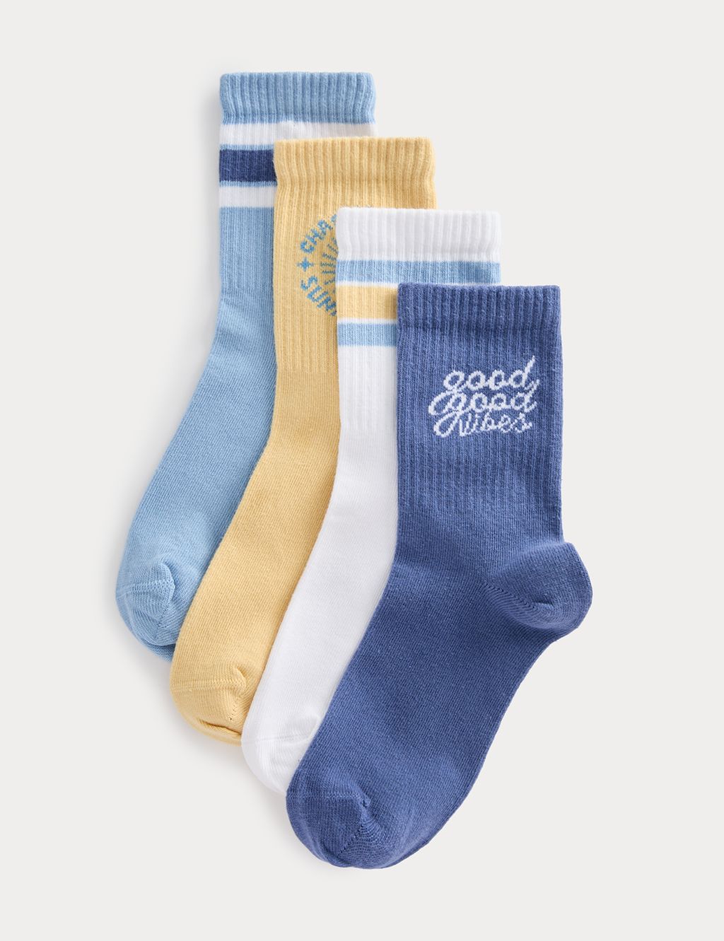 M&S 4 Pack Cotton Rich Good Vibes Striped Socks (6 Small-7 Large) - 12&frac12;-3&frac12; - Blue Mix, Blue Mix