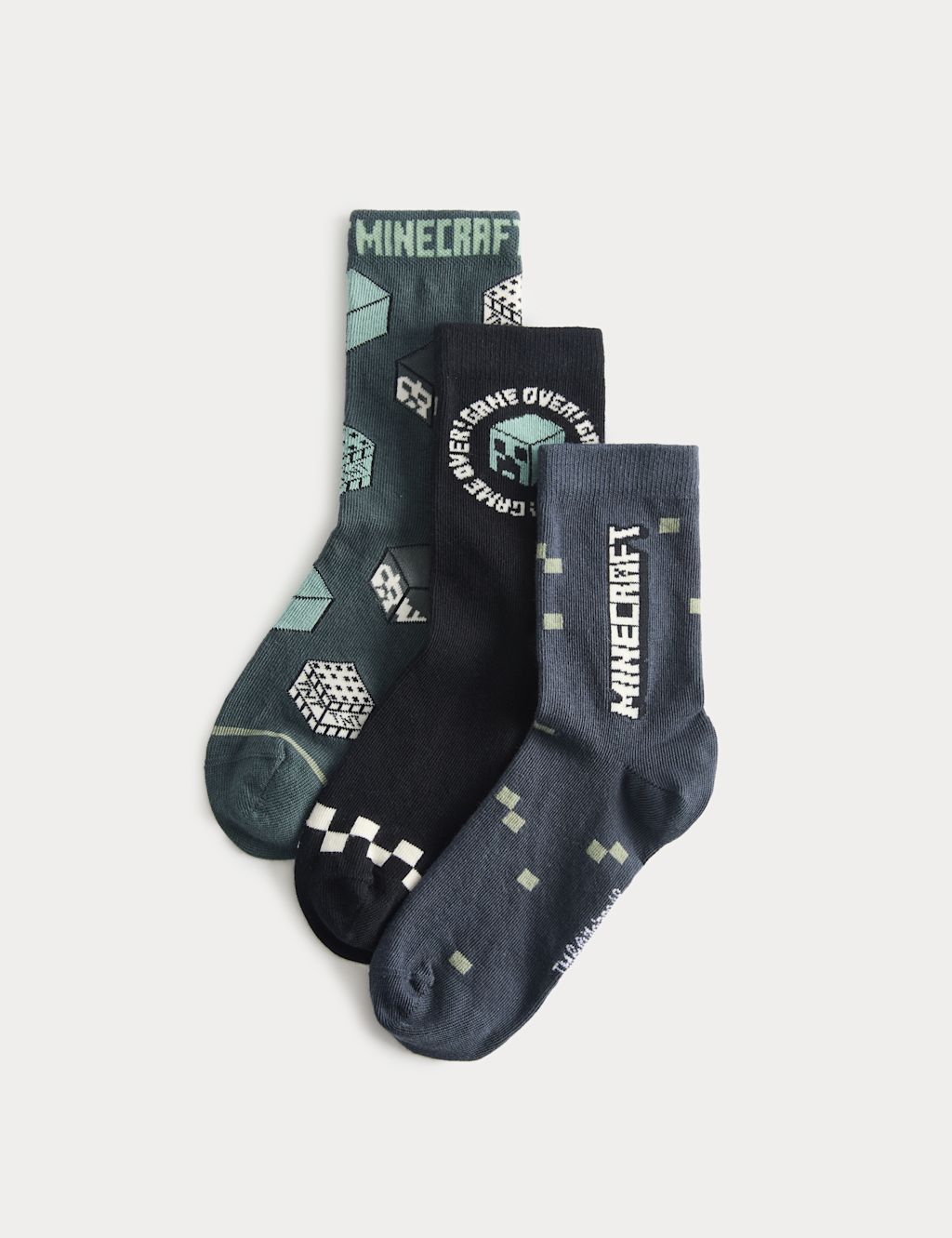 M&S 3 Pack Cotton Rich Minecraft&trade; Socks (6 Small-7 Large) - 12&frac12;-3&frac12; - Green Mix, Green Mix