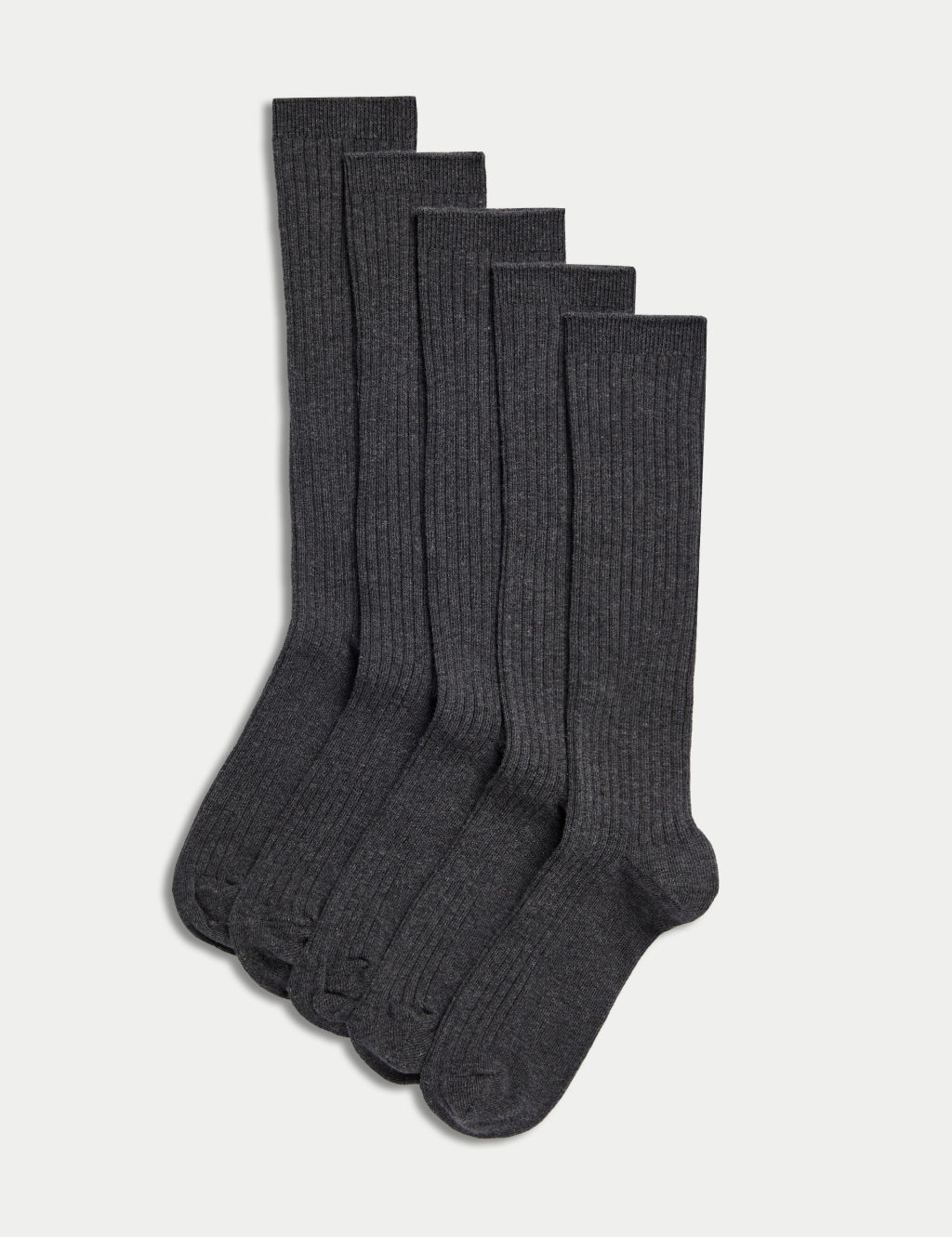 M&S 5pk of Long Ribbed School Socks - 12+3+ - Grey, Grey