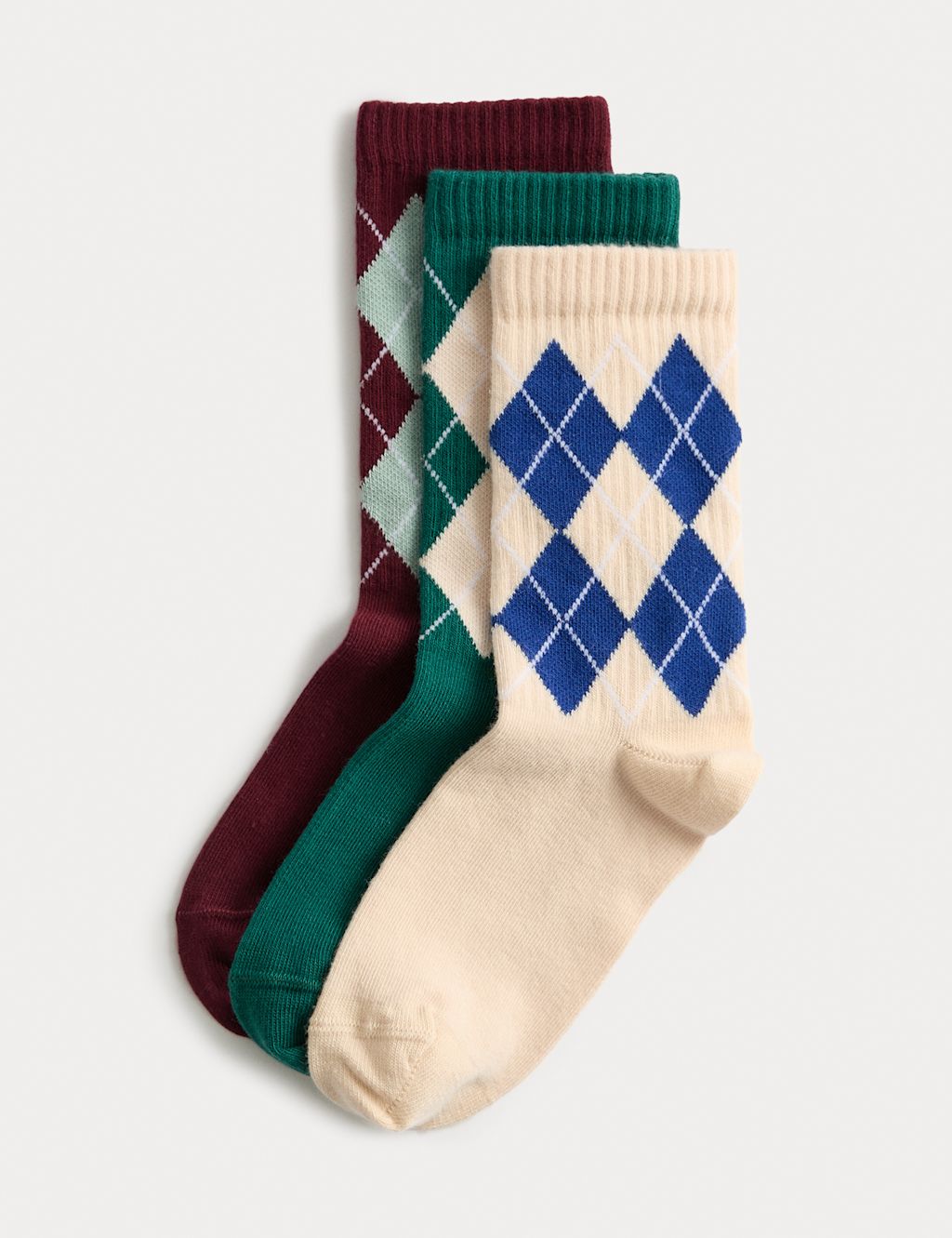 M&S 3pk Cotton Rich Diamond Socks (6 Small - 7 Large) - 4-7 - Multi, Multi