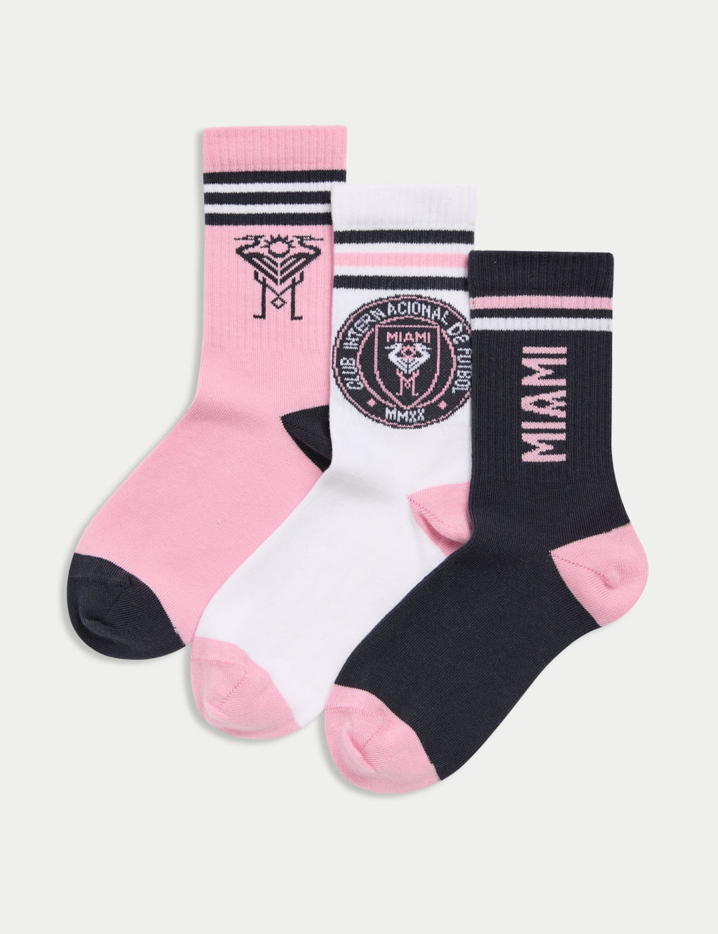 M&S 3pk Cotton Rich Inter Miami Sports Socks (8½ Small - 7 Large) - 8-12 - Pink Mix, Pink Mix