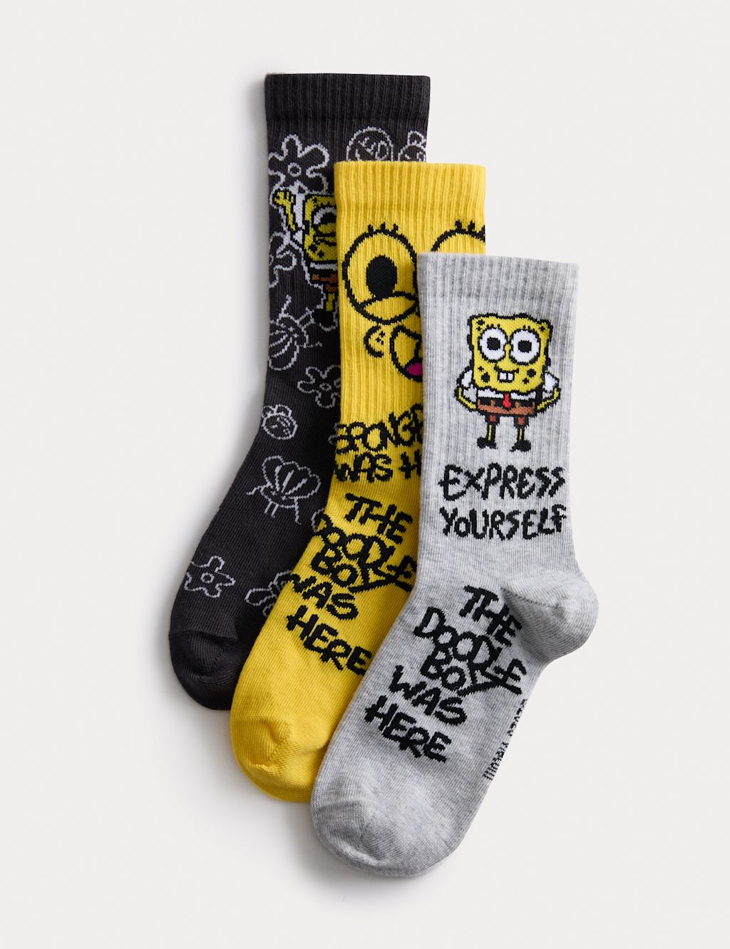 M&S 3pk Doodle Boy x Spongebob™ Sports Socks (6 Small - 7 Large) - 12+3+ - Yellow Mix, Yellow Mix