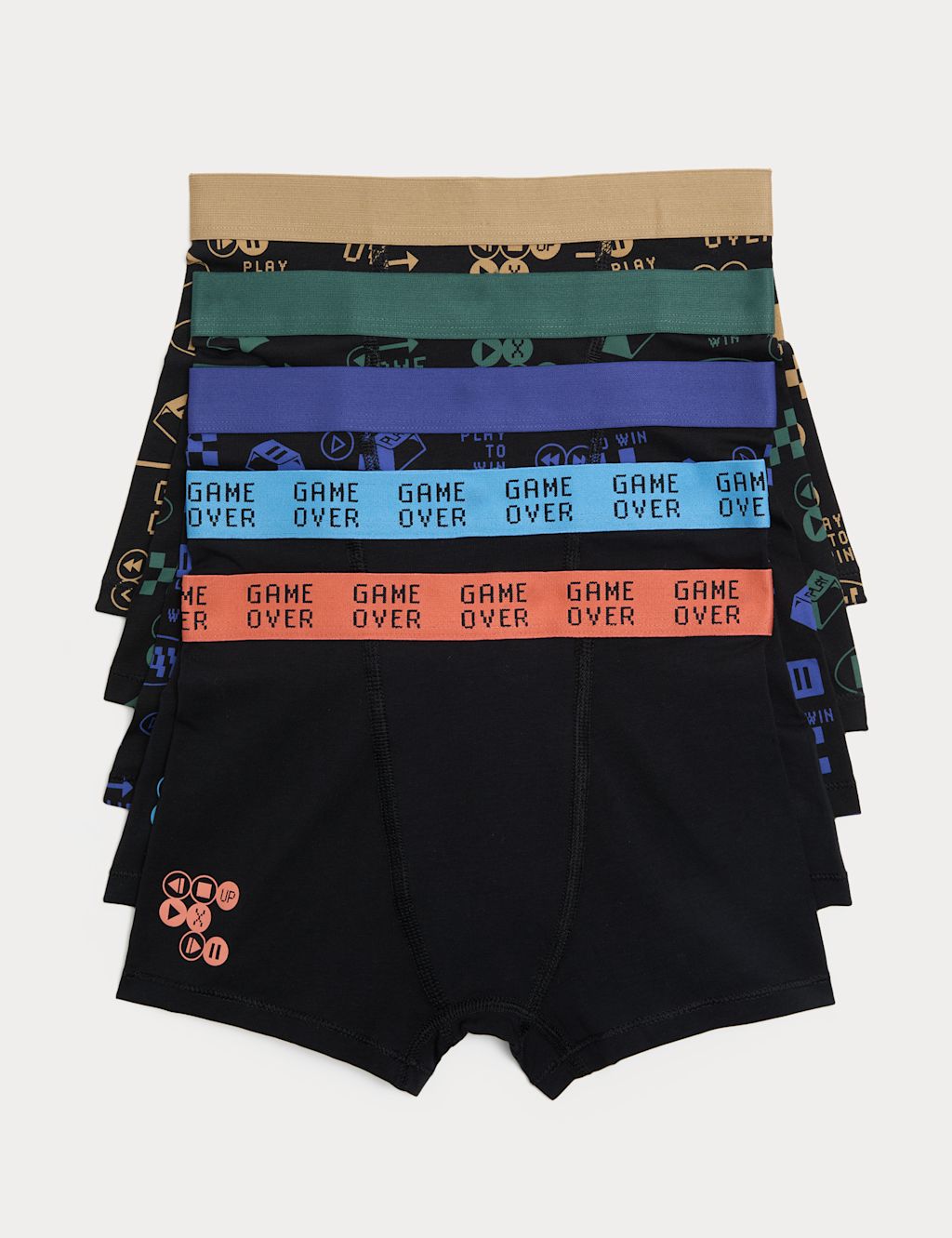 M&S 5 Pack Cotton with Stretch Gaming Trunks (5-16 Yrs) - 15-16 Years - Black Mix, Black Mix