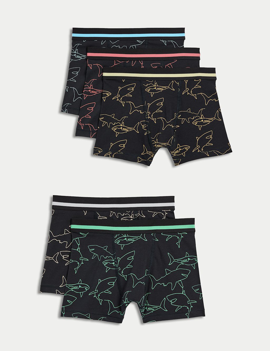 M&S 5pk Cotton with Stretch Shark Trunks (5-16 Yrs) - 13-14 - Multi, Multi