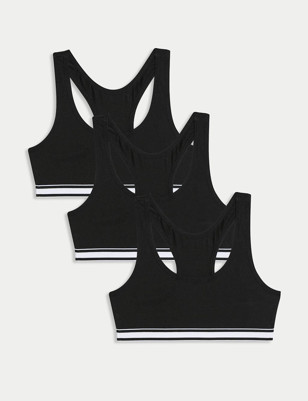 M&S 3pk Cotton with Stretch Racer Back Crop Tops (6-16 Yrs) - 11-12 - Black, Black