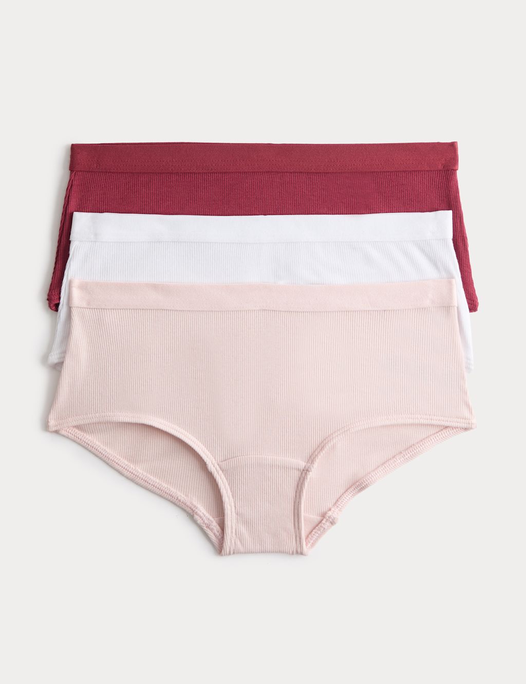 M&S 3 Pack Cotton with Stretch Ribbed Shorts (6-16 Yrs) - 11-12 Years - Wine Mix, Wine Mix