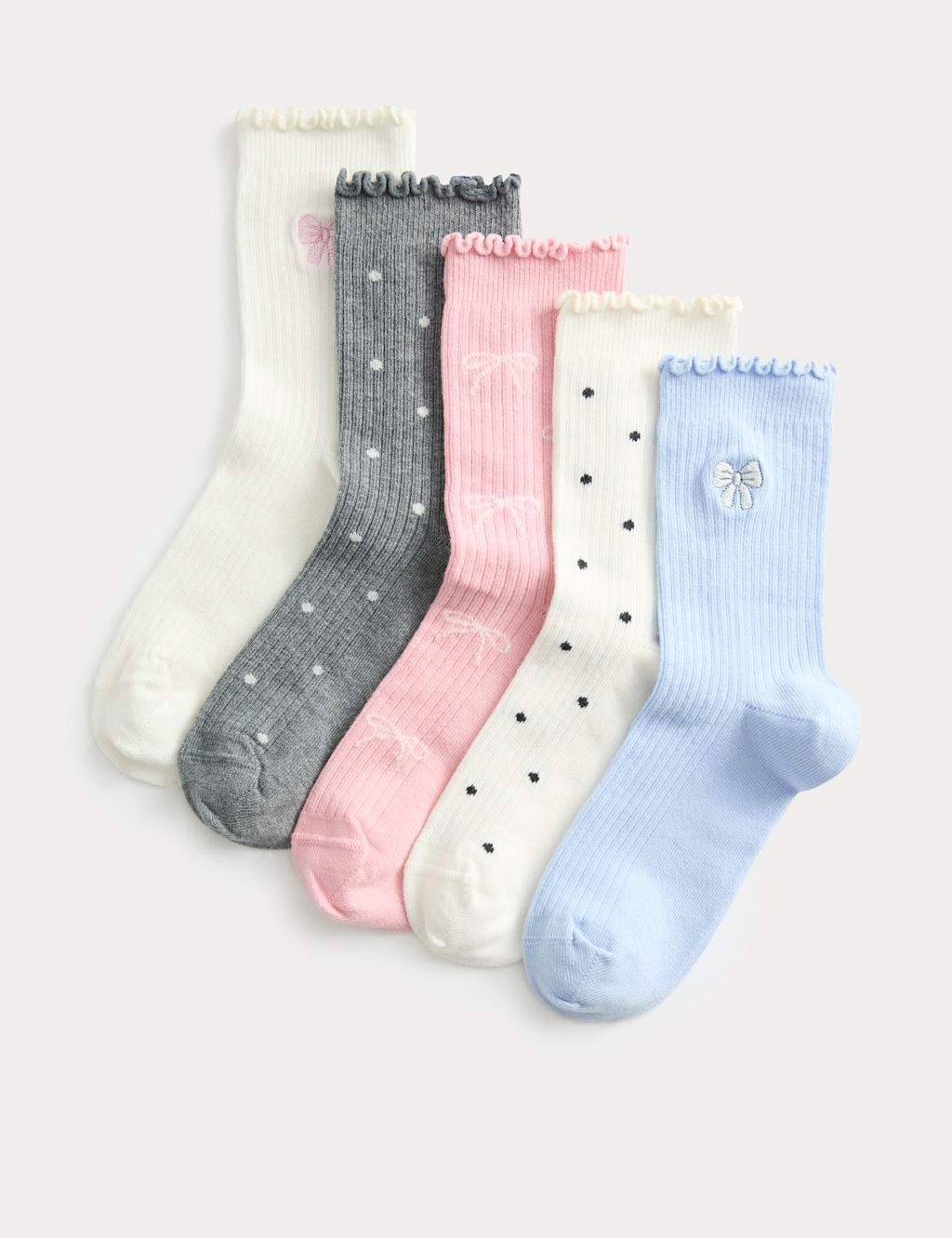 M&S 5pk Cotton Rich Bow Ribbed Socks (6 Small - 7 Large) - 12+3+ - Multi, Multi