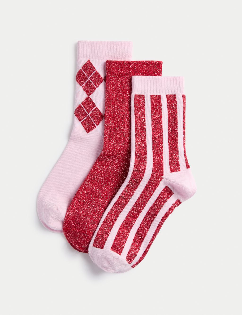 M&S 3pk Cotton Rich Sparkly Socks (6 Small - 7 Large) - 12+3+ - Pink Mix, Pink Mix