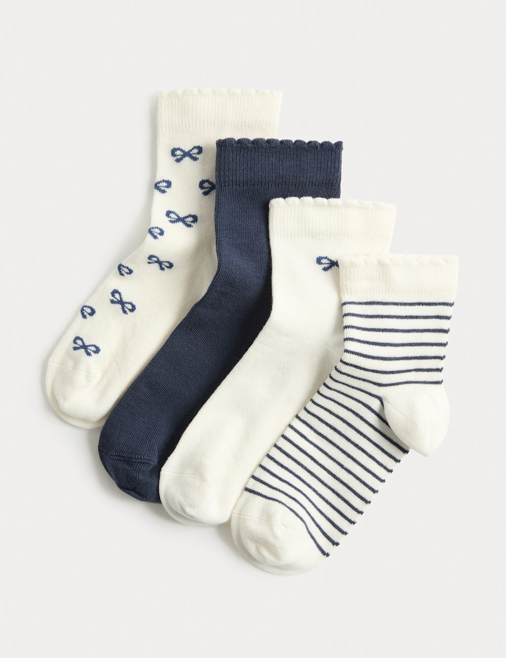 M&S 4 Pack Cotton Rich Bow & Striped Socks (6 Small-7 Large) - 4-7 - Navy Mix, Navy Mix
