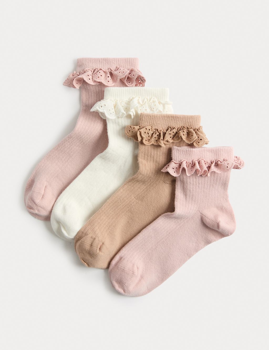 M&S 4 Pack Cotton Rich Broderie Frill Socks (6 Small-7 Large) - 12&frac12;-3&frac12; - Dusky Pink, Dusky Pink