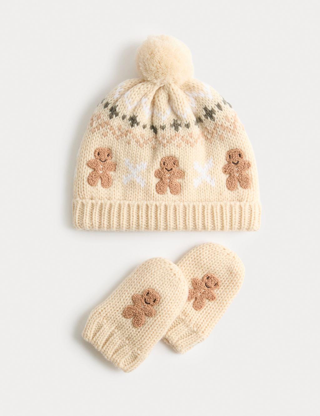 M&S 2pc Patterned Hat and Mitten Set (0-3 Yrs) - 3-6M - Ecru, Ecru