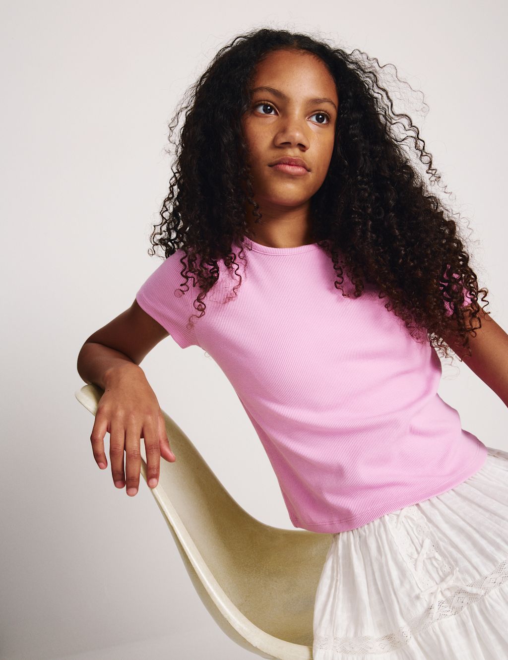 M&S Cotton Rich Ribbed Fitted Crop T-Shirt (6-16 Yrs) - 6-7 Years - Soft Magenta, Soft Magenta