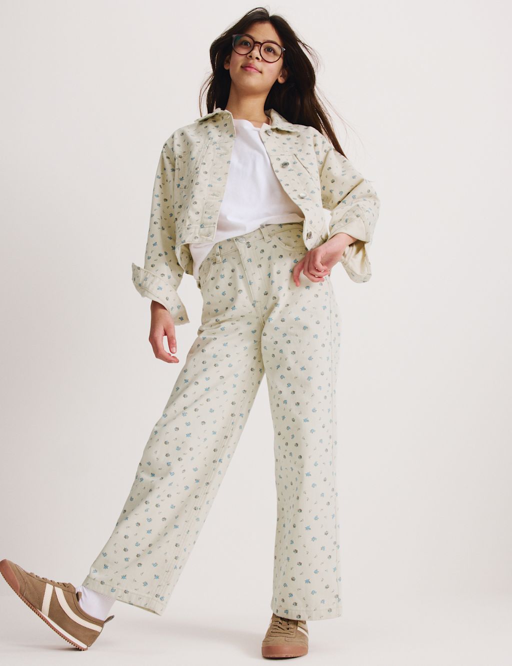 M&S Denim Ditsy Print Wide Leg Jeans (6-16 Yrs) - 6-7 Years - Ecru Mix, Ecru Mix