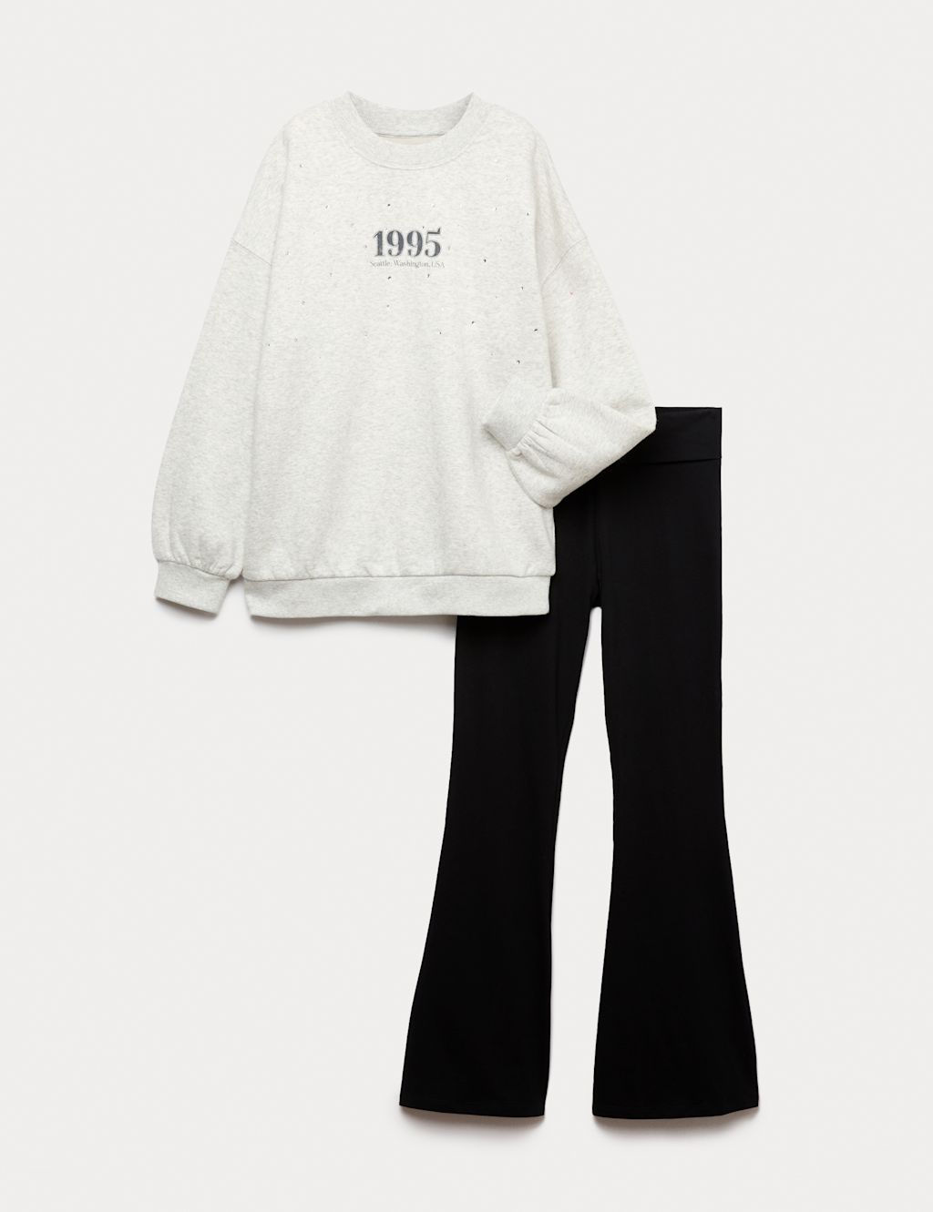 M&S 2pc Cotton Rich 1995 Sweat and Kickflare Set - 11-12 - Grey Mix, Grey Mix