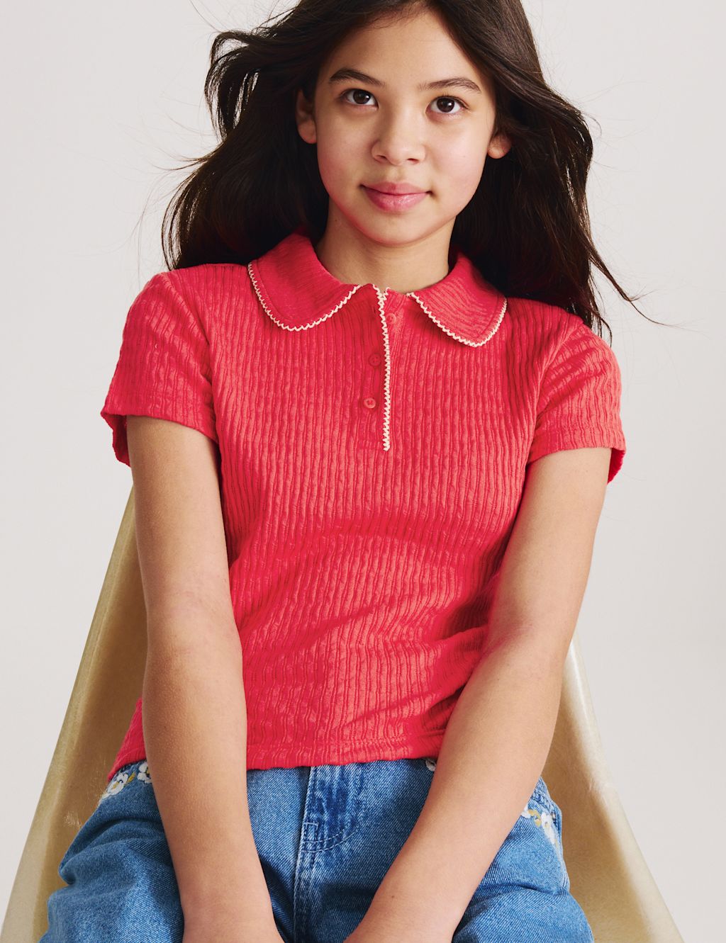 M&S Pointelle Polo Shirt (6-16 Yrs) - 6-7 Years - Red, Red