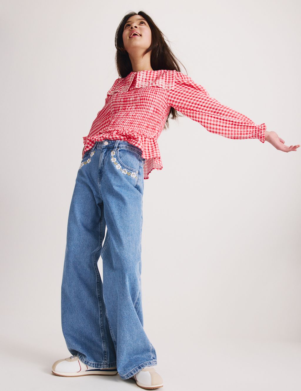 M&S Denim Embroidered Wide Leg Jean (6-16 Yrs) - 14-15 Years, Denim