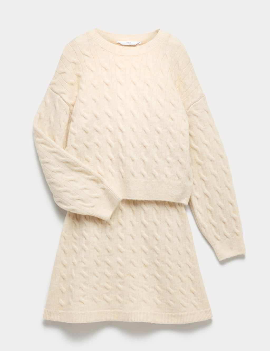 M&S 2pc Cable Knit Jumper and Skirt Outfit (6-16 Yrs) - 9-10Y - Cream, Cream