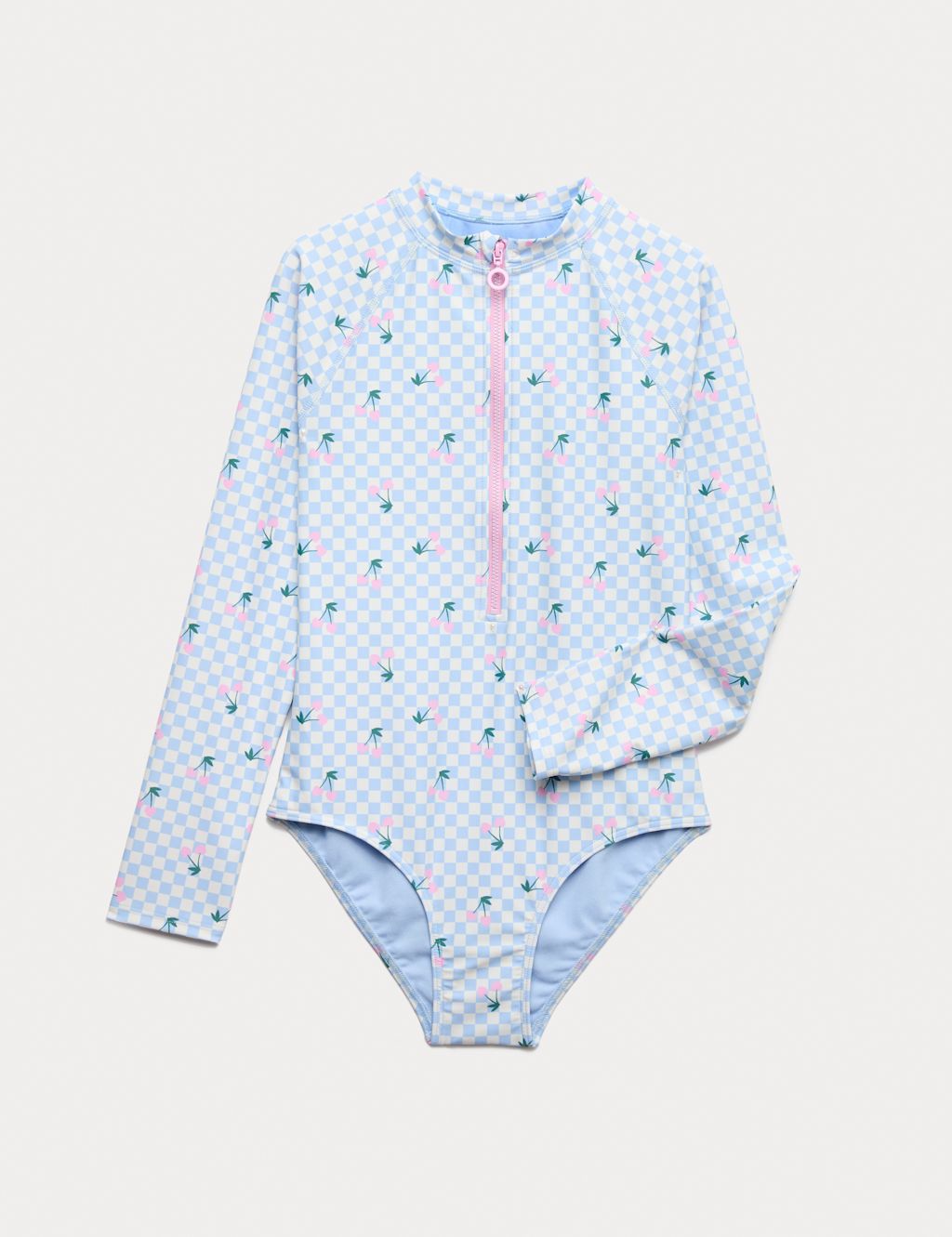 M&S Cherry Print Long Sleeve Swimsuit (6-16 Yrs) - 10-11 Years - Blue Mix, Blue Mix