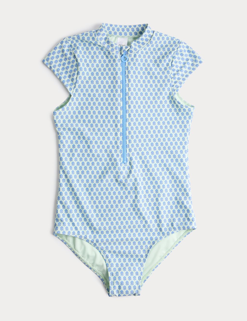 M&S Printed Zip Through Cap Sleeve Swimsuit (6-16 Yrs) - 9-10 Years - Green Mix, Green Mix