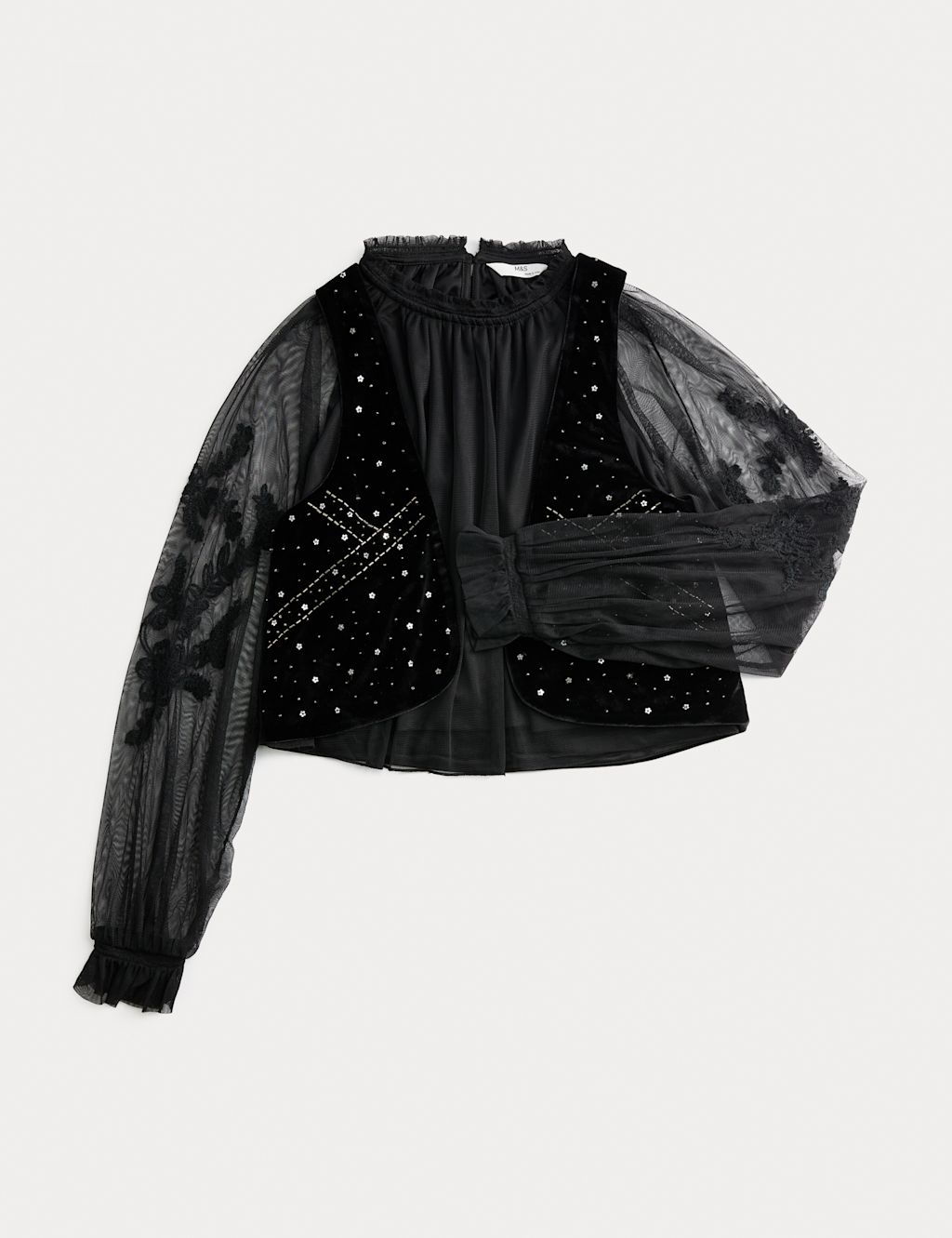 M&S 2pc Velvet Waistcoat and Shirt Set (6-16 Yrs) - 10-11 - Black Mix, Black Mix