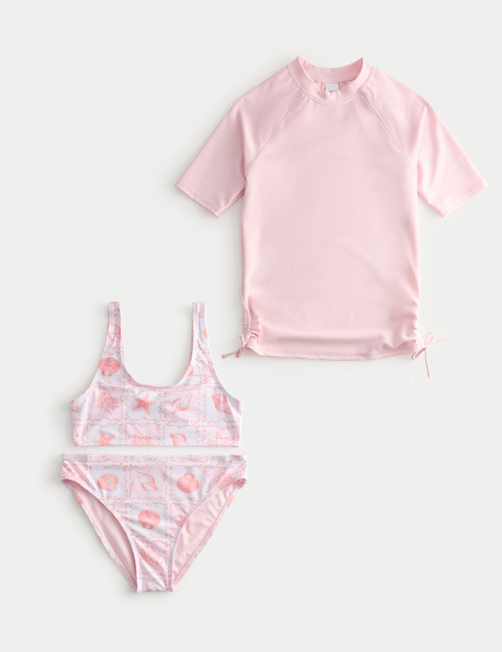 M&S 3 Piece Shell Print Bikini and Rash Vest (6-16 Yrs) - 7-8 Years - Pink, Pink