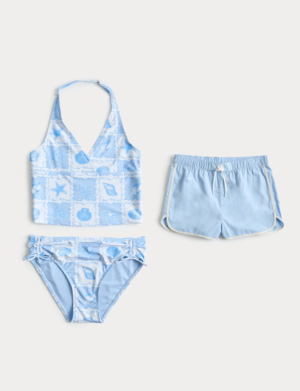 M&S 3 Piece Shell Print Tankini & Shorts Set (6-16 Yrs) - 6-7 Years - Blue Mix, Blue Mix