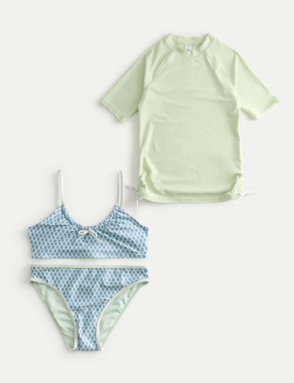 M&S 3 Piece Block Print Bikini and Rash Vest (6-16 Yrs) - 10-11 Years - Lime Mix, Lime Mix