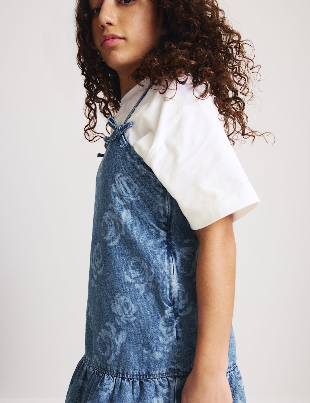 M&S 2pc Floral Print Denim Dress and Top (2-16 Yrs) - 10-11 Years - Denim Mix, Denim Mix
