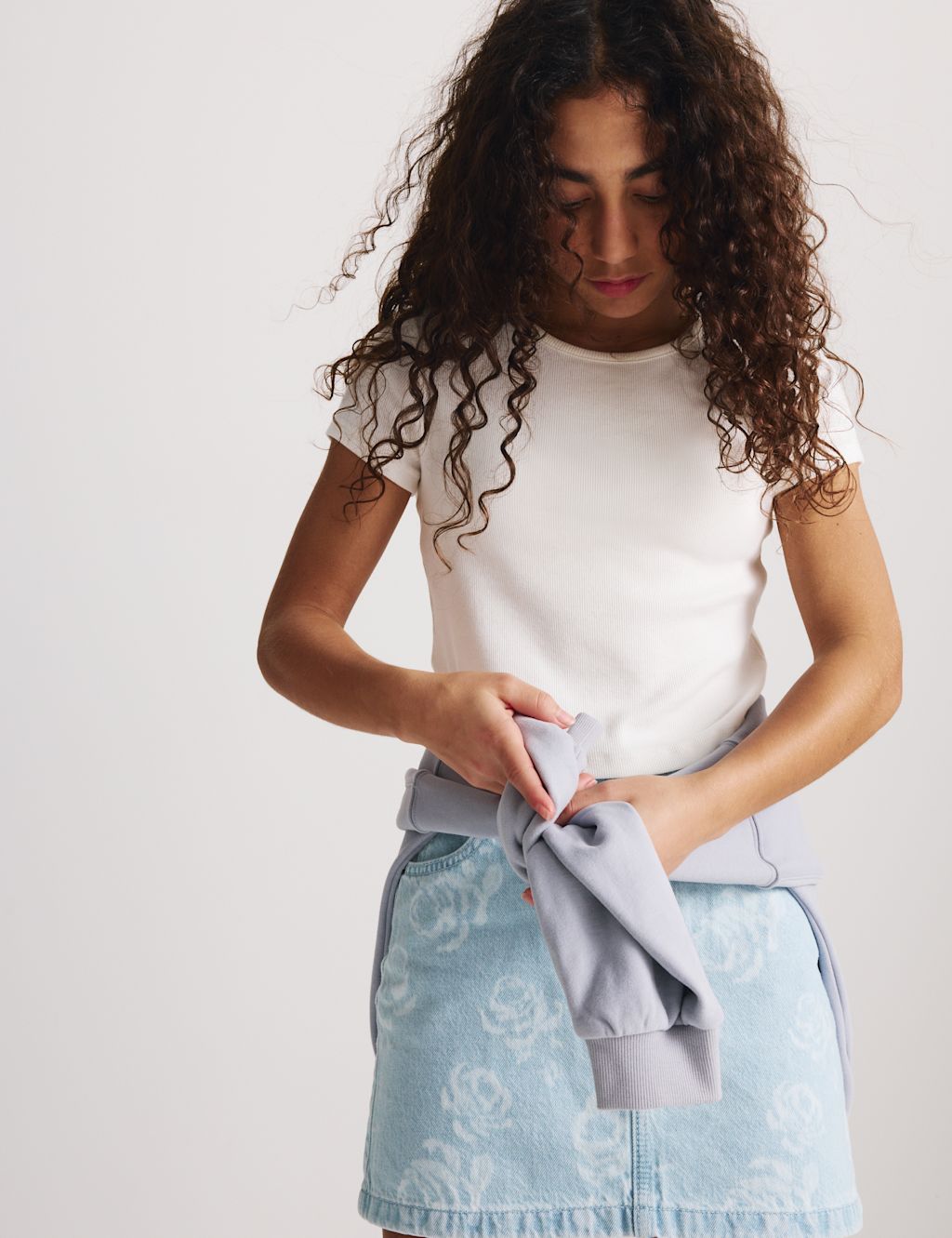 M&S Pure Cotton Floral Denim Skirt (2-16 Yrs) - 9-10 Years - Light Denim, Light Denim