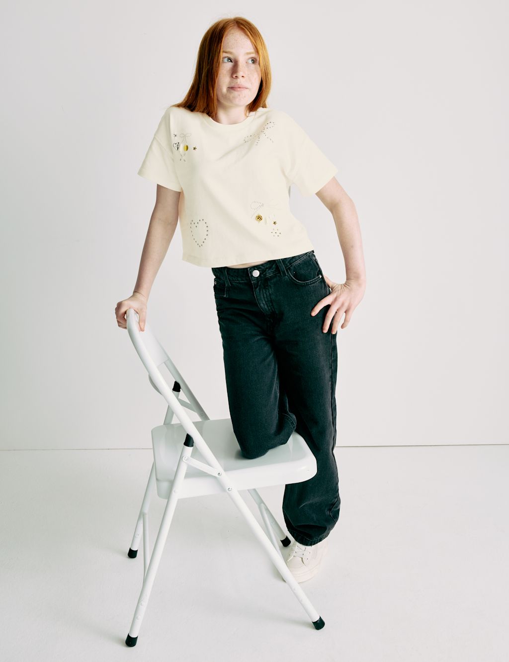 M&S Pure Cotton Heart Embellished T-Shirt (6-16 Yrs) - 10-11 - Ecru, Ecru