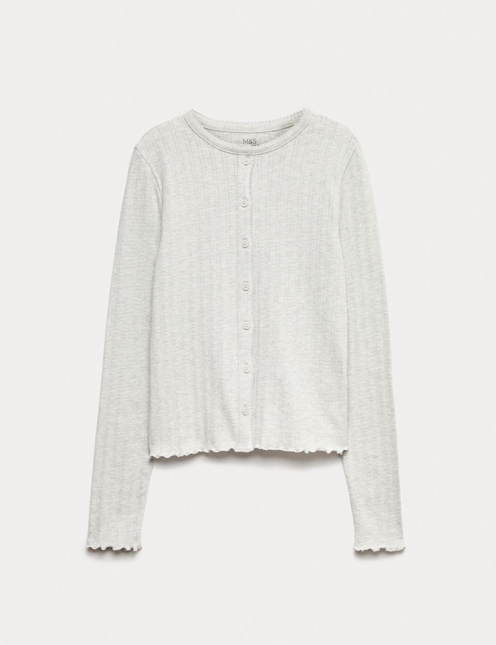 M&S Cotton Rich Button Through Pointelle Top (6-16 Yrs) - 10-11 - Grey Marl, Grey Marl