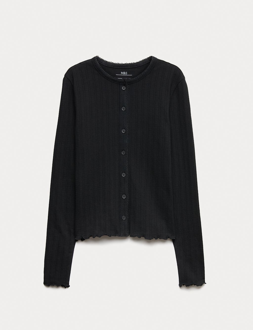 M&S Cotton Rich Button Through Pointelle Top (6-16 Yrs) - 10-11 - Black, Black