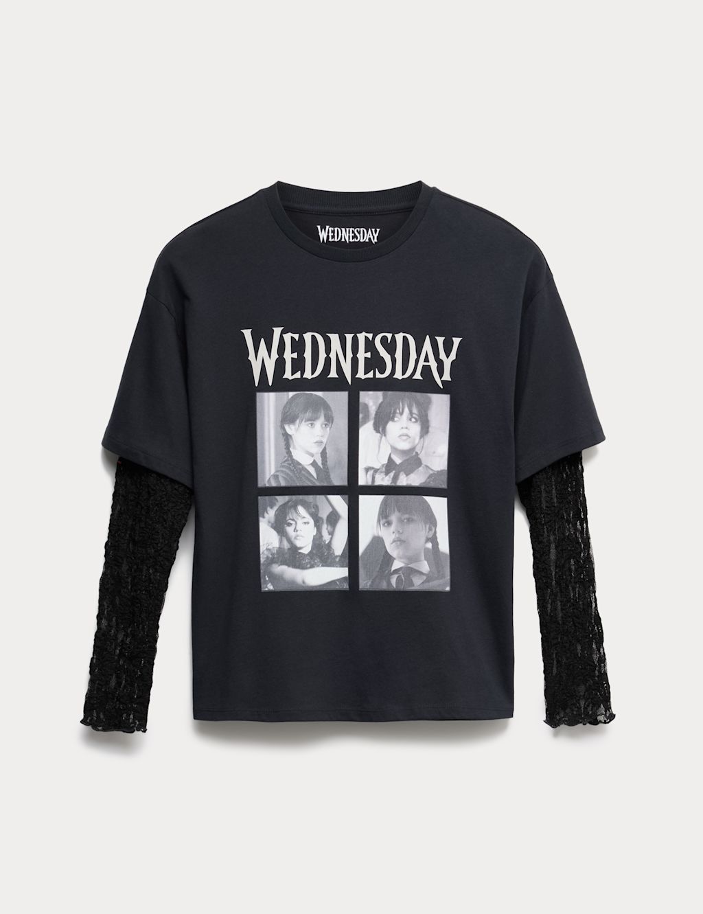 Marks and Spencer Cotton Rich Wednesday™ Lace T-Shirt (6-16 Yrs) - 12-13 - Carbon, Carbon