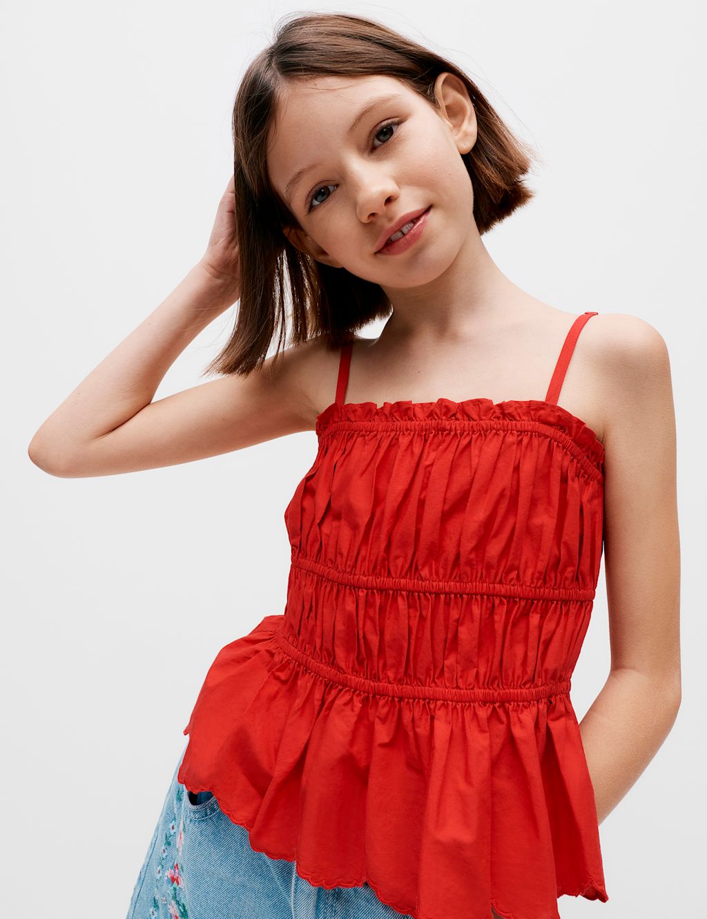 M&S Cotton Rich Shirred Cami Vest Top (6-16 Yrs) - 10-11 Years, Red